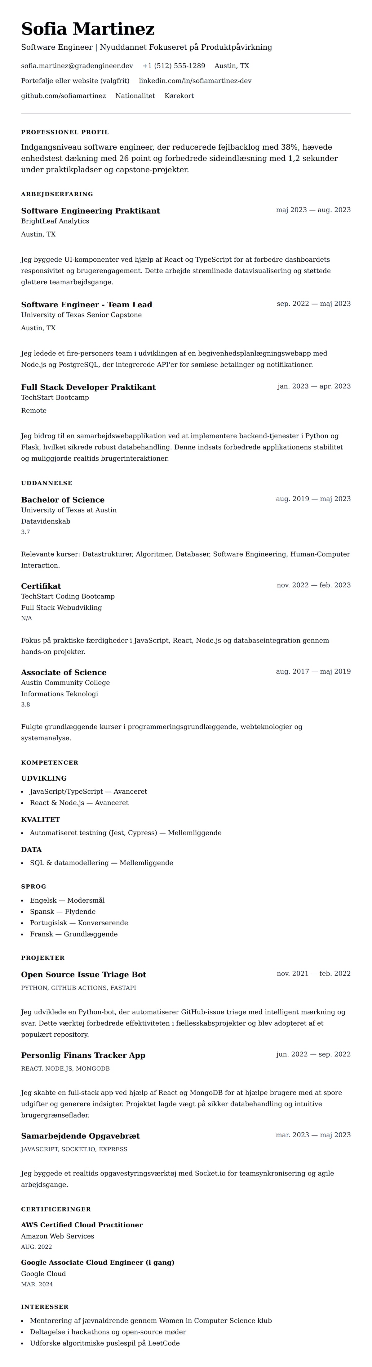 CV-forhåndsvisning for Indgangsniveau Software Engineer CV Eksempel