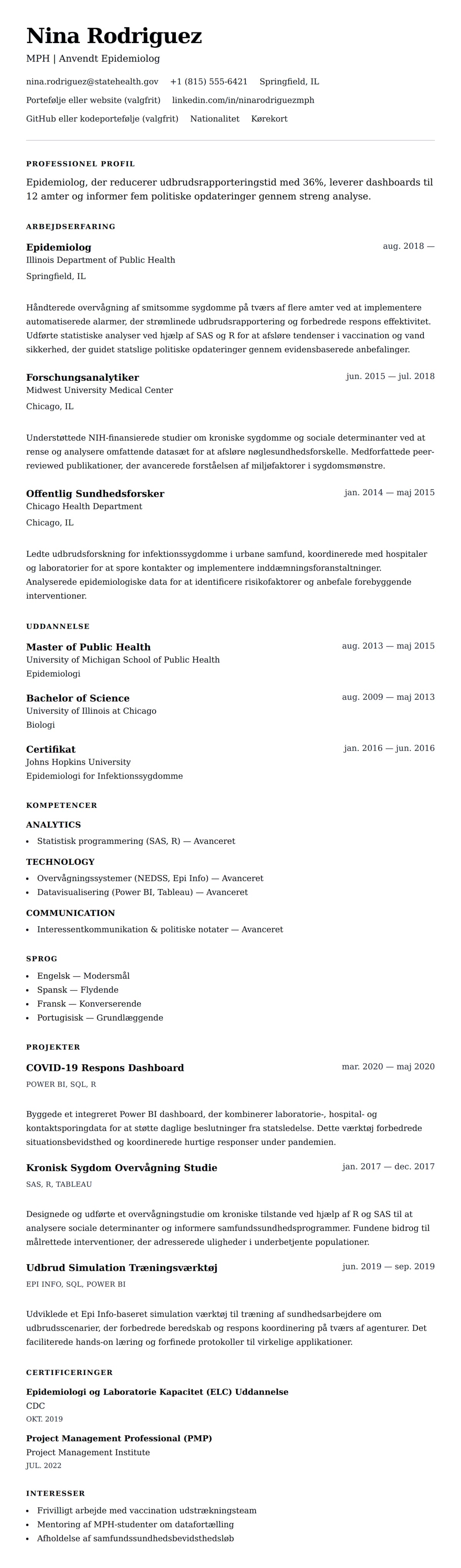 CV-forhåndsvisning for Epidemiolog CV Eksempel