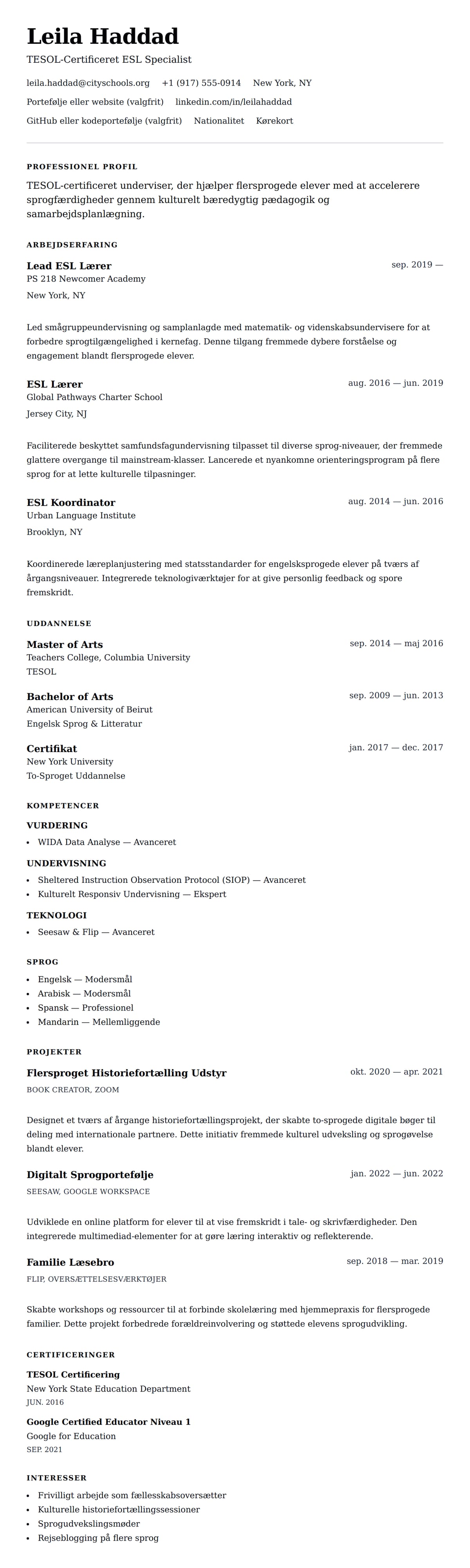 CV-forhåndsvisning for ESL Lærer CV Eksempel