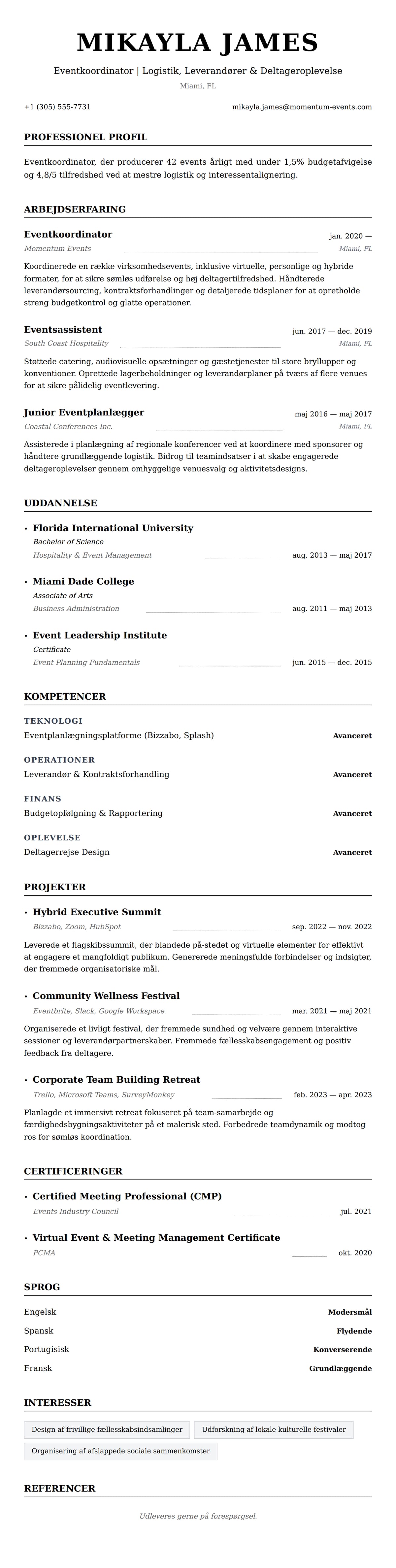 CV-forhåndsvisning for Eventkoordinator CV Eksempel