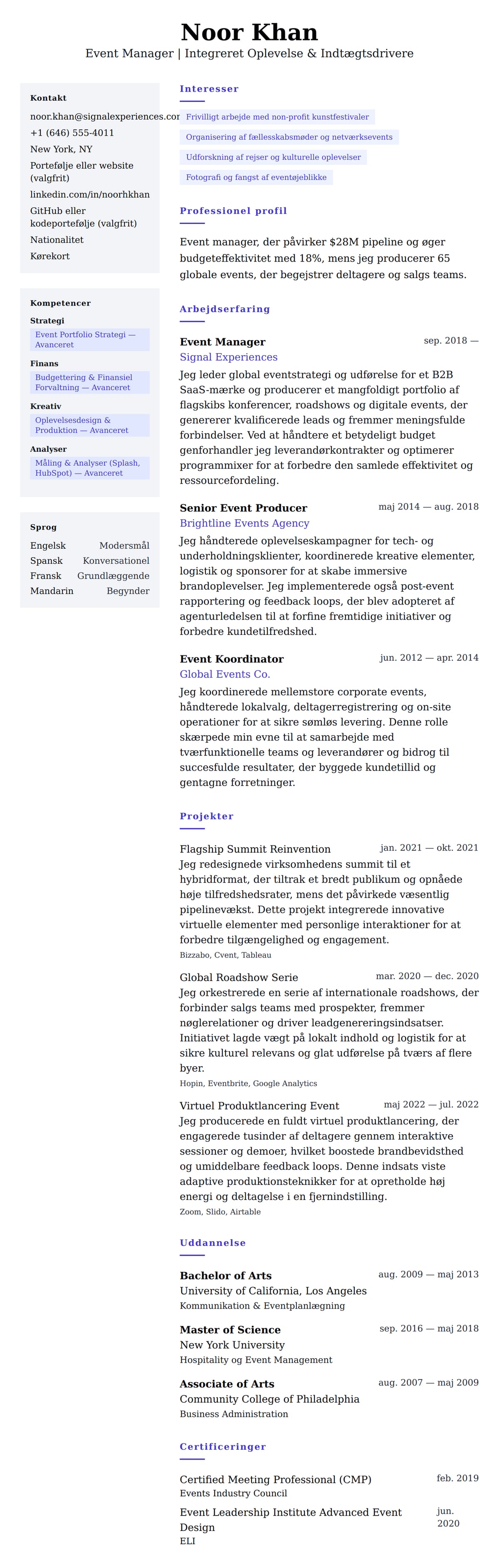 CV-forhåndsvisning for Event Manager CV Eksempel