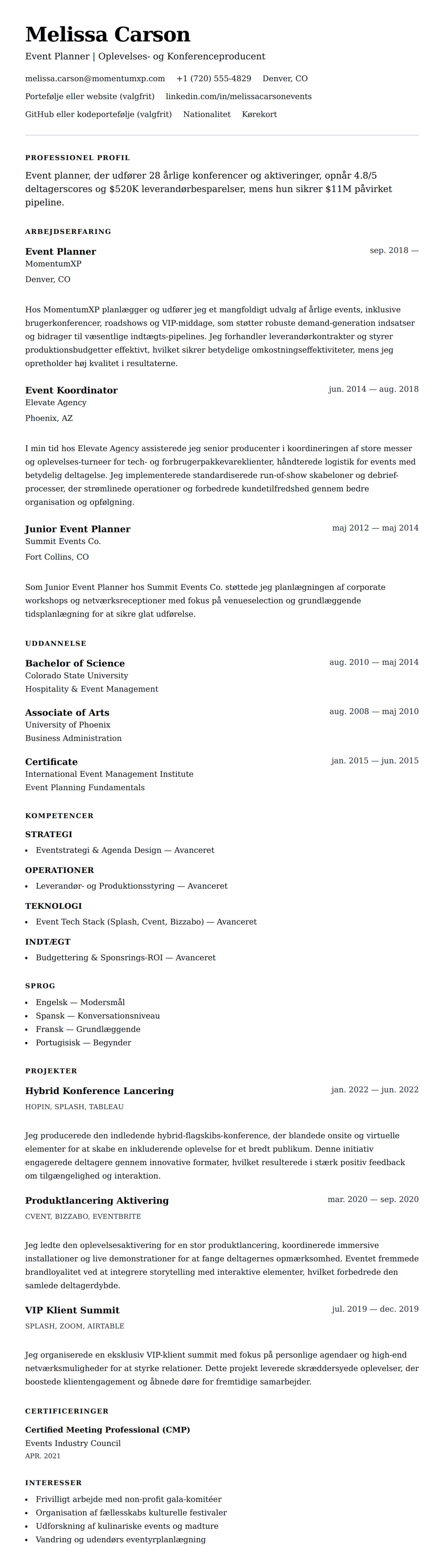 CV-forhåndsvisning for Event Planner CV Eksempel