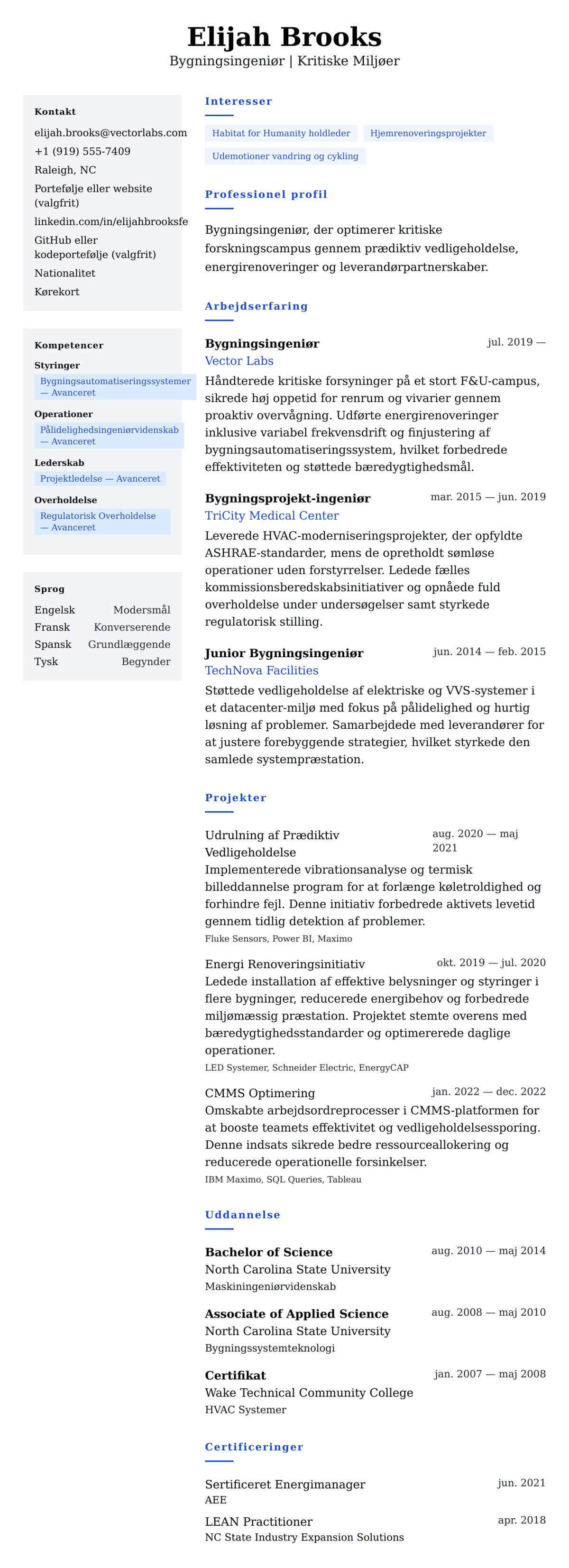 CV-forhåndsvisning for Bygningsingeniør CV Eksempel