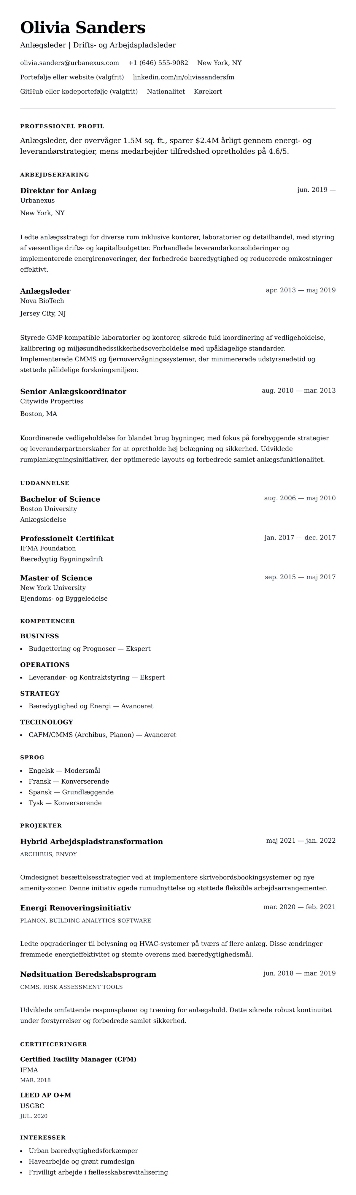 CV-forhåndsvisning for Anlægsleder CV Eksempel