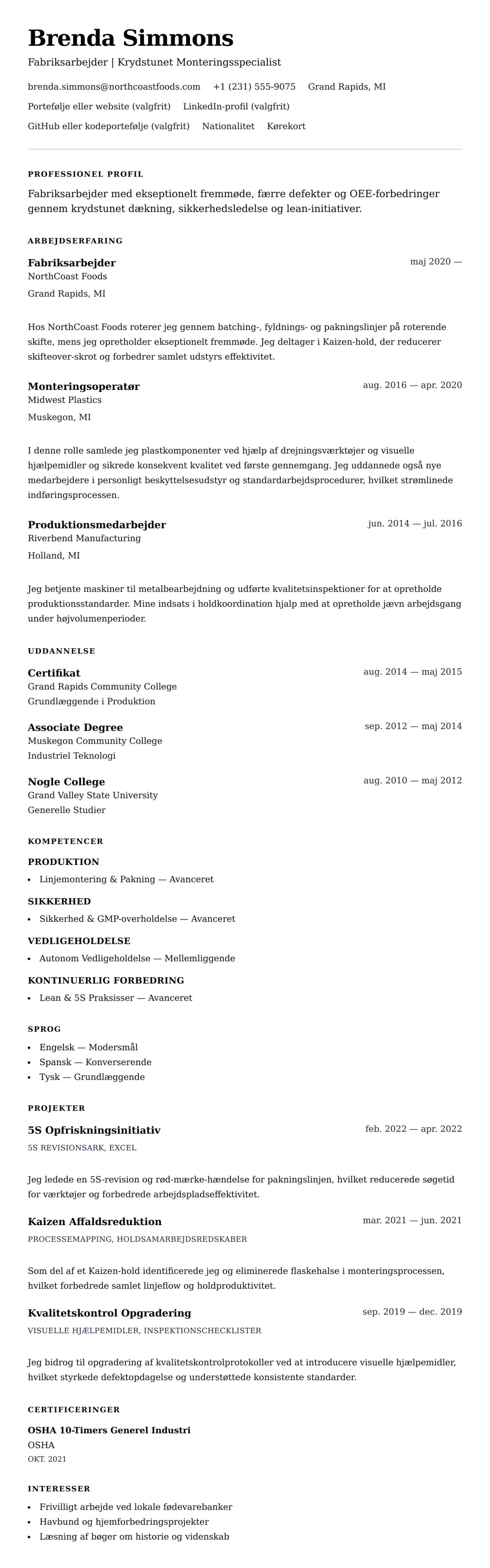 CV-forhåndsvisning for Eksempel på CV for Fabriksarbejder