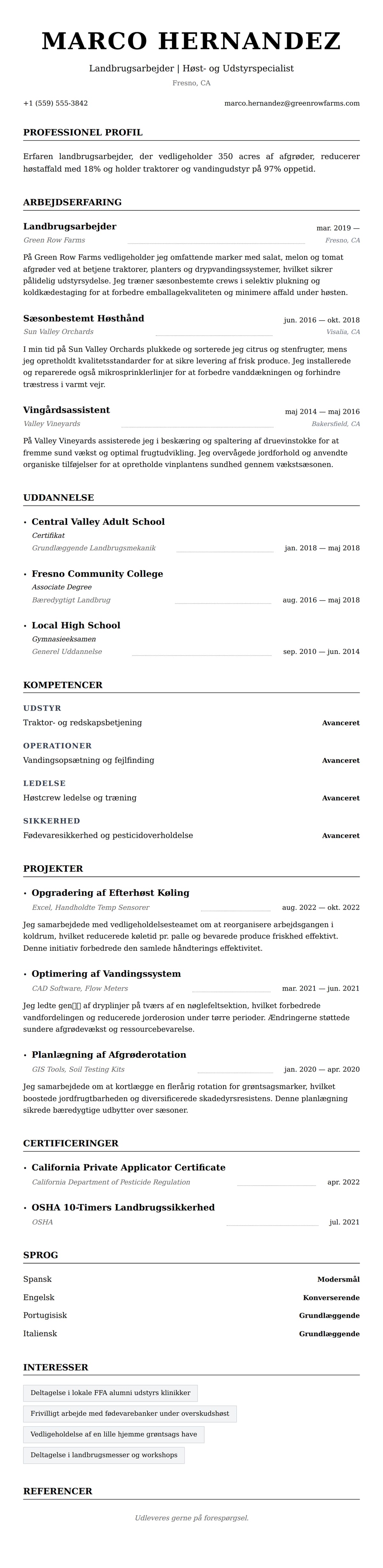 CV-forhåndsvisning for Landbrugsarbejder CV Eksempel