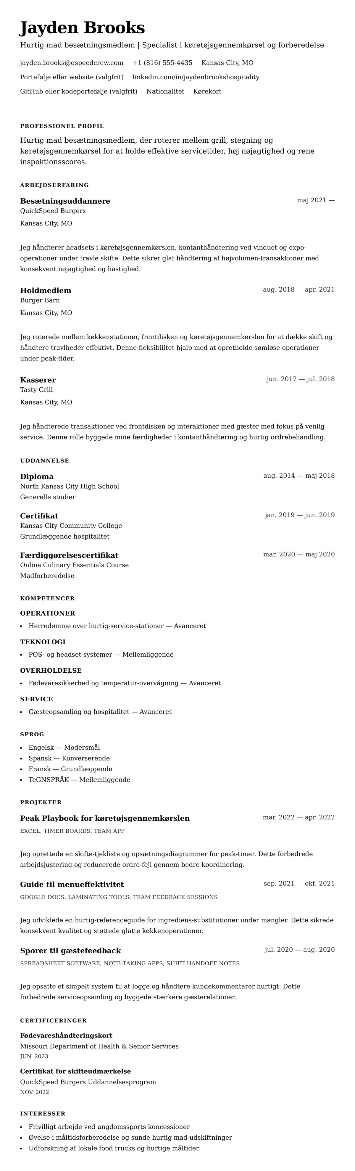 CV-forhåndsvisning for Eksempel på CV for hurtig mad arbejder