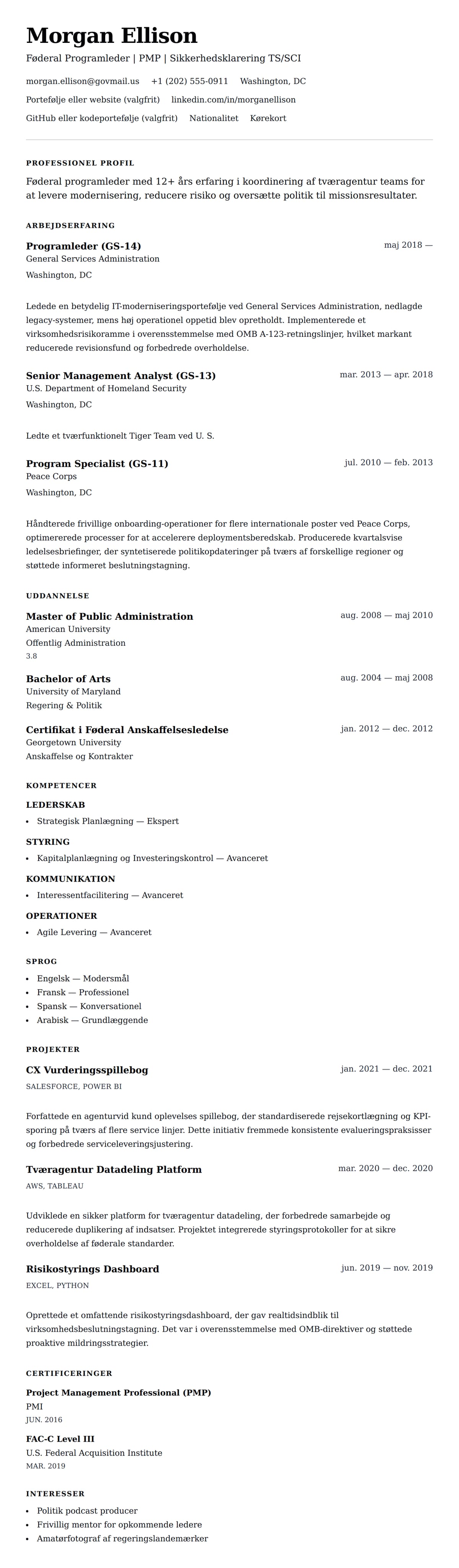 CV-forhåndsvisning for Føderal Medarbejder CV Eksempel