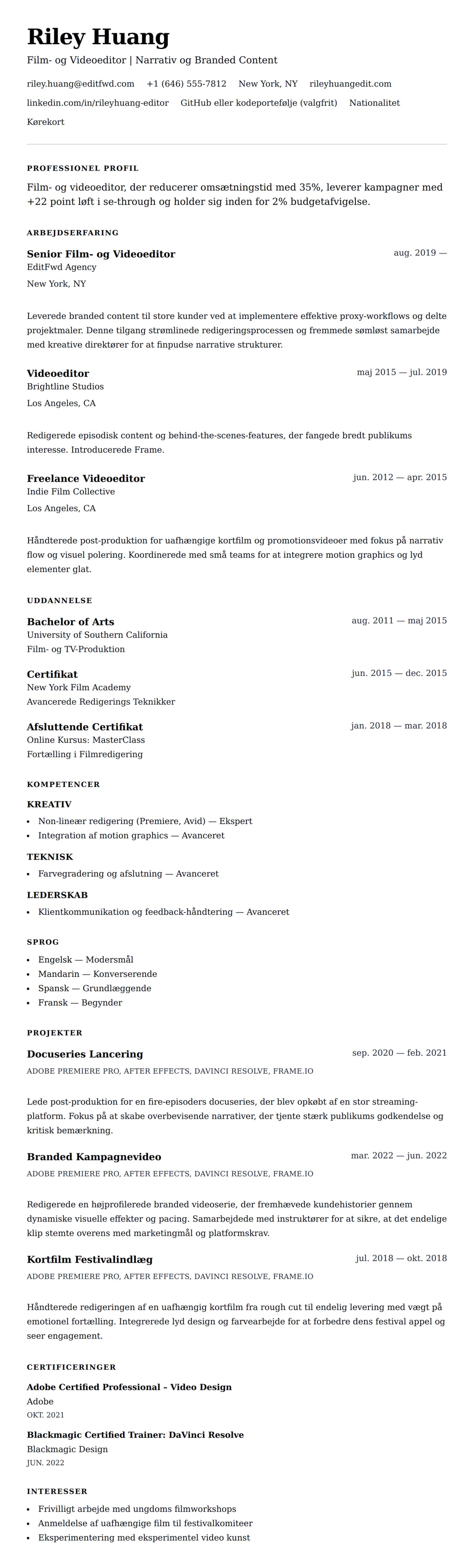 CV-forhåndsvisning for Film- og Videoeditor CV Eksempel
