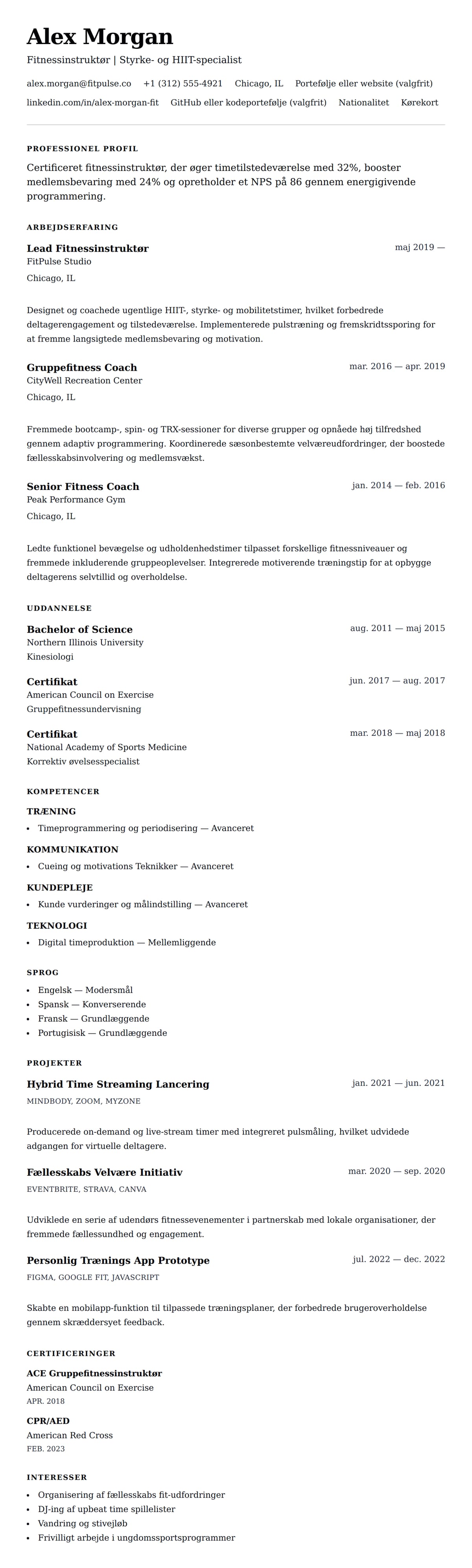 CV-forhåndsvisning for Fitnessinstruktør CV Eksempel