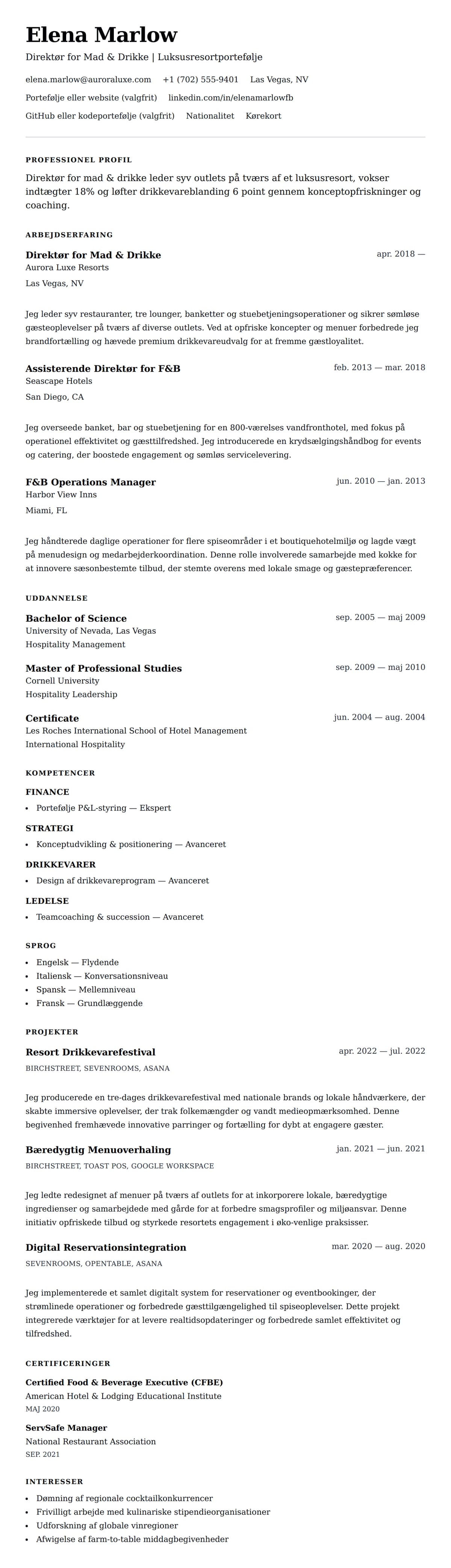 CV-forhåndsvisning for Eksempel på CV for Direktør for Mad og Drikke