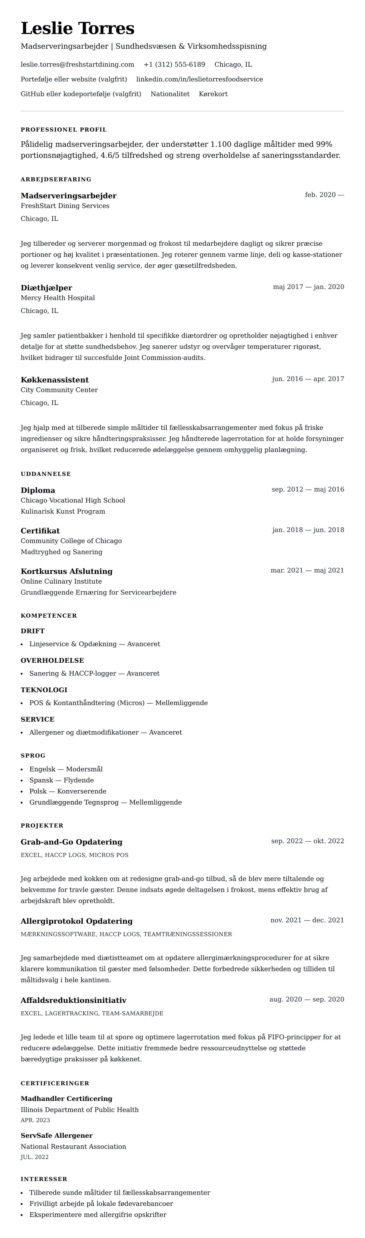 CV-forhåndsvisning for Madserveringsarbejder CV Eksempel