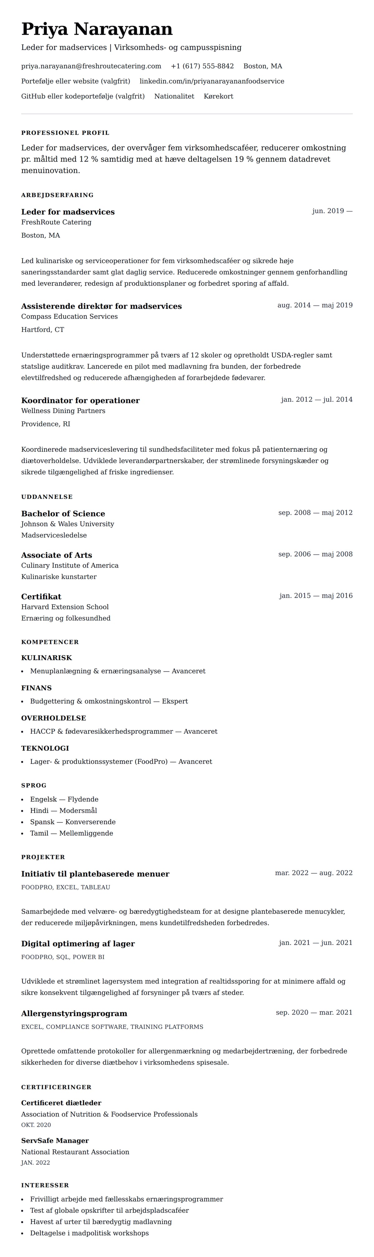 CV-forhåndsvisning for Eksempel på CV for leder for madservices