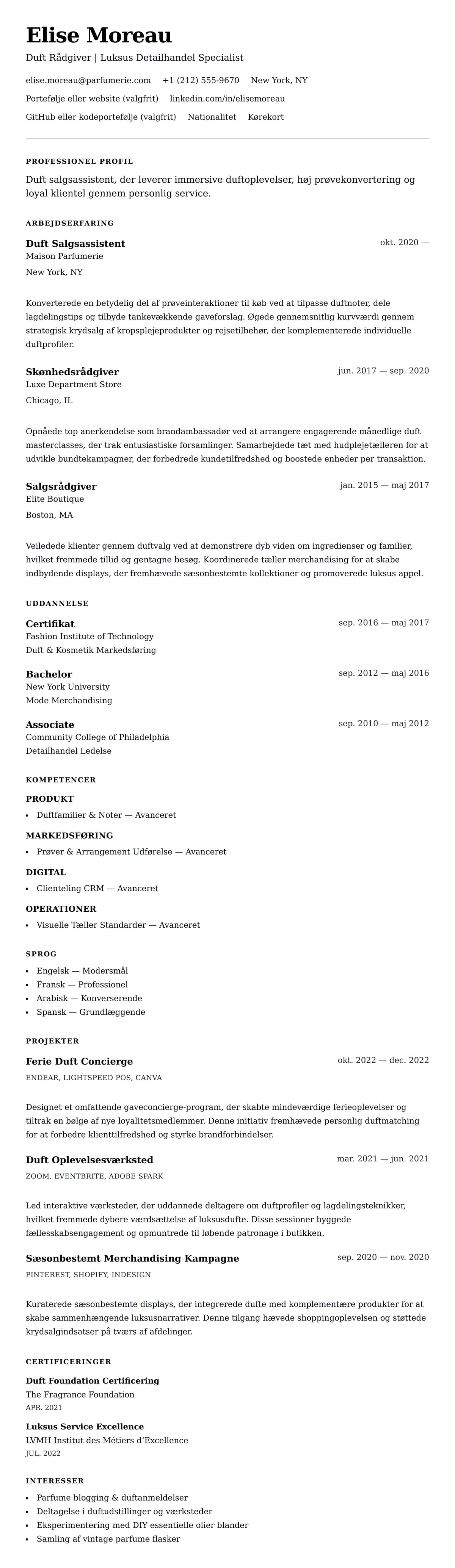 CV-forhåndsvisning for Duft Salgsassistent CV Eksempel