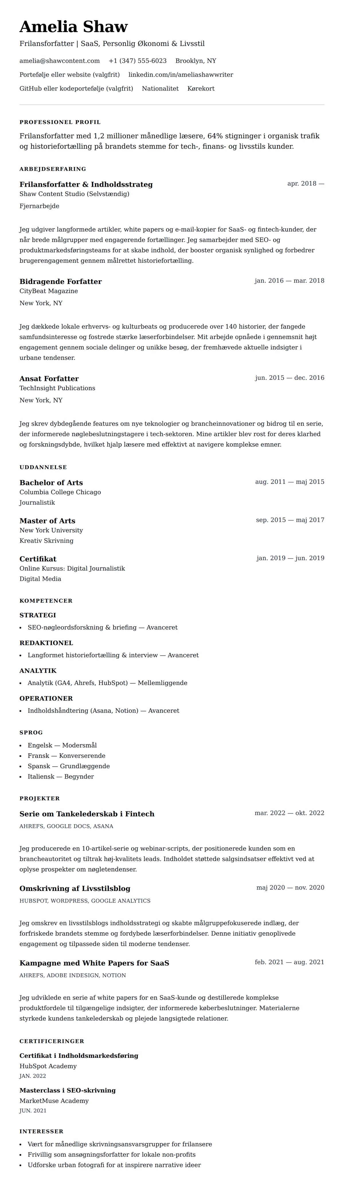 CV-forhåndsvisning for Eksempel på CV for Frilansforfatter