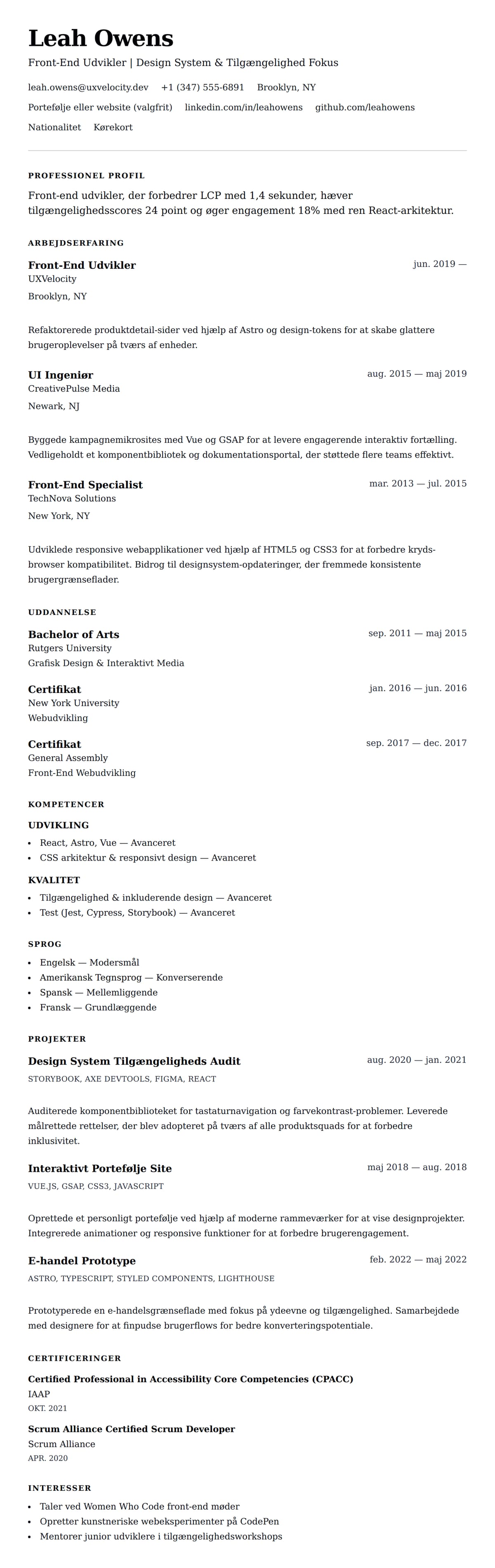 CV-forhåndsvisning for Front-End Udvikler CV Eksempel