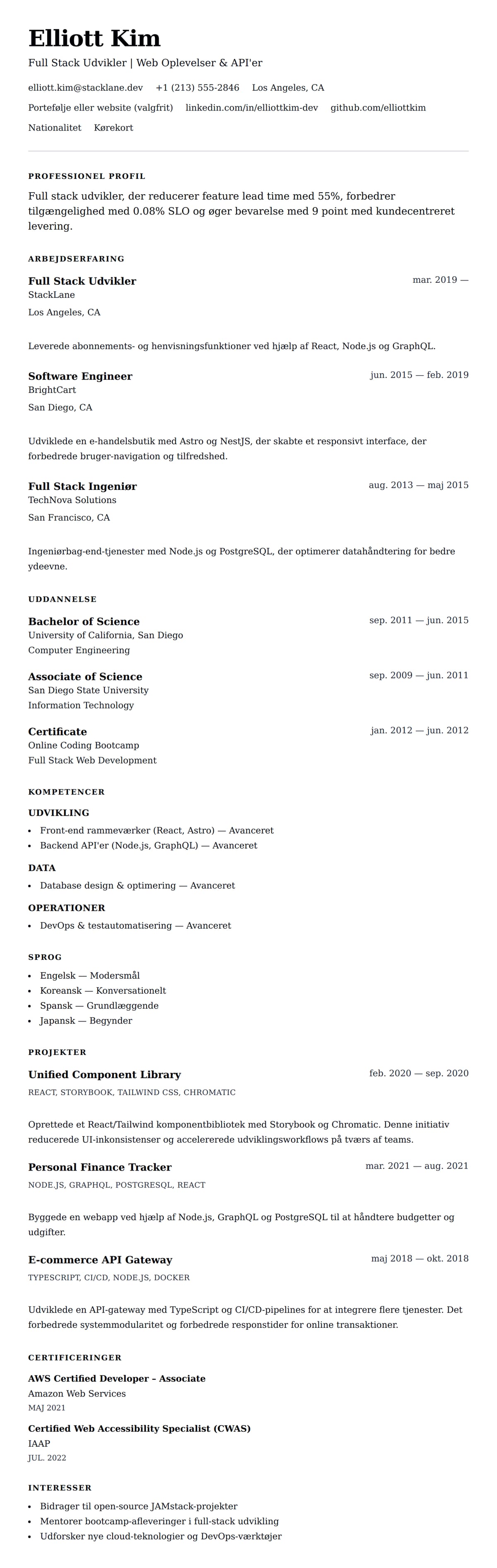 CV-forhåndsvisning for Full Stack Udvikler CV Eksempel