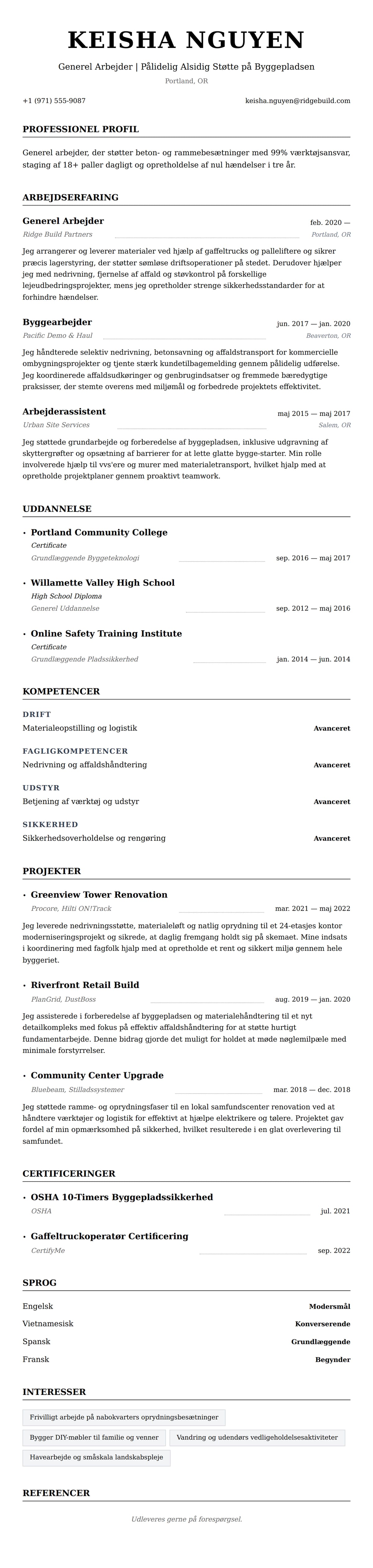 CV-forhåndsvisning for Generel Arbejder CV Eksempel