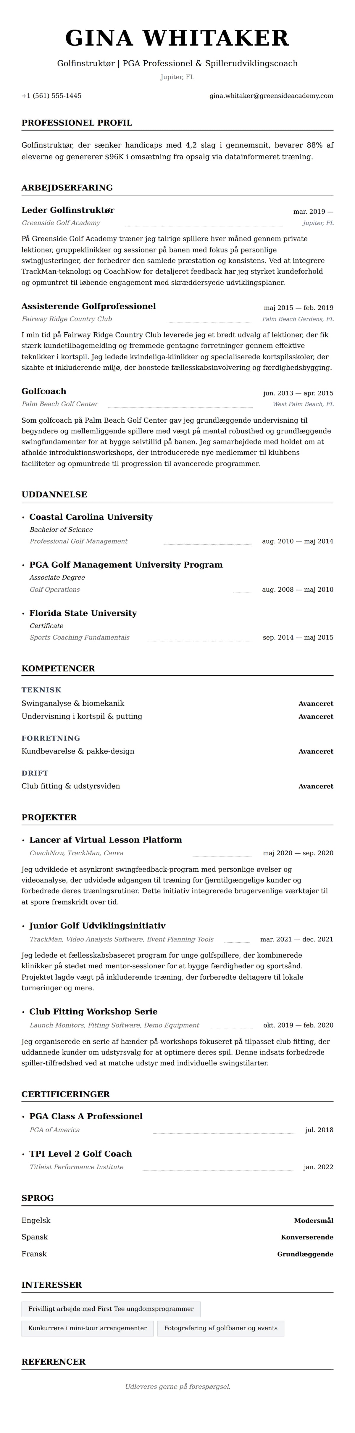 CV-forhåndsvisning for Eksempel på CV for Golfinstruktør