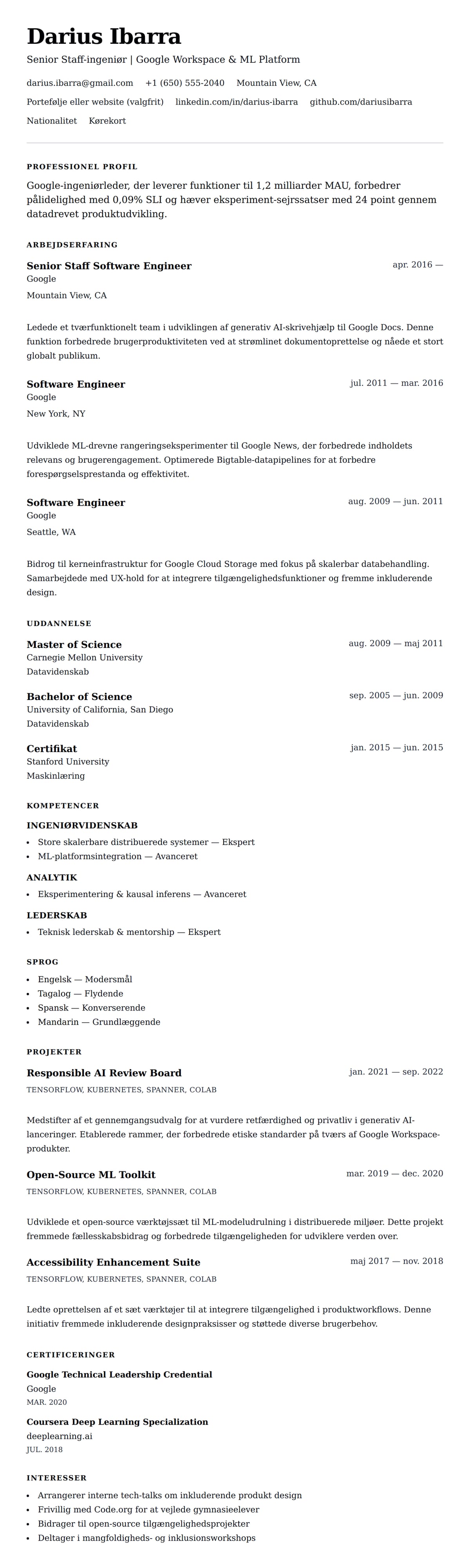 CV-forhåndsvisning for Google CV Eksempel