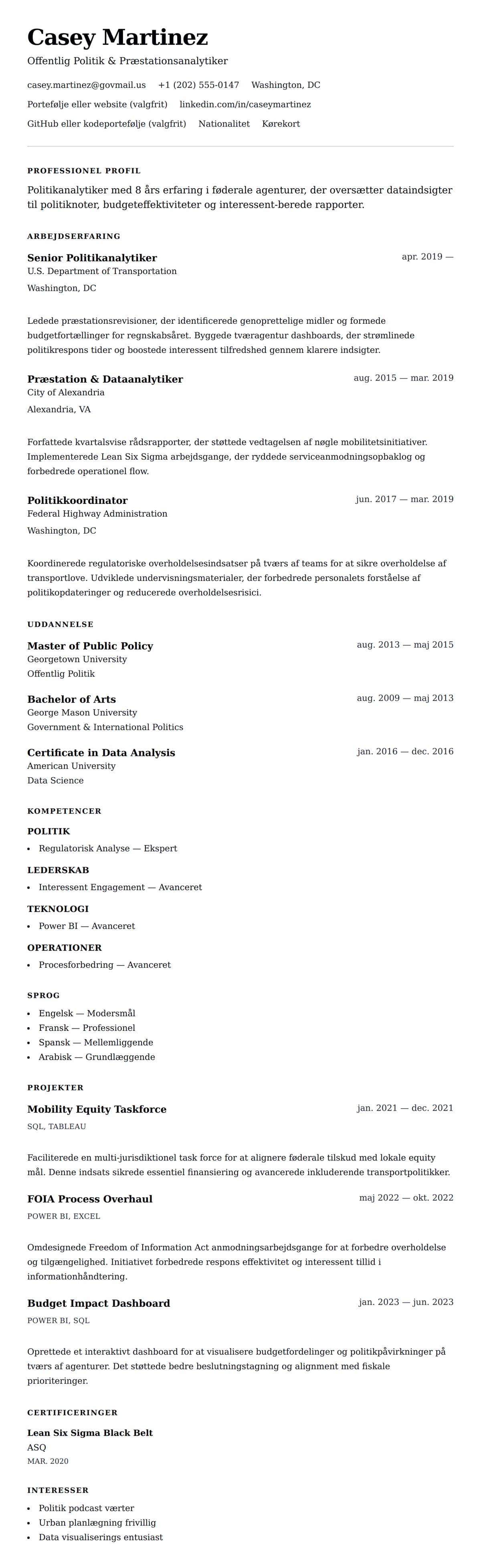 CV-forhåndsvisning for Government Analyst CV Eksempel