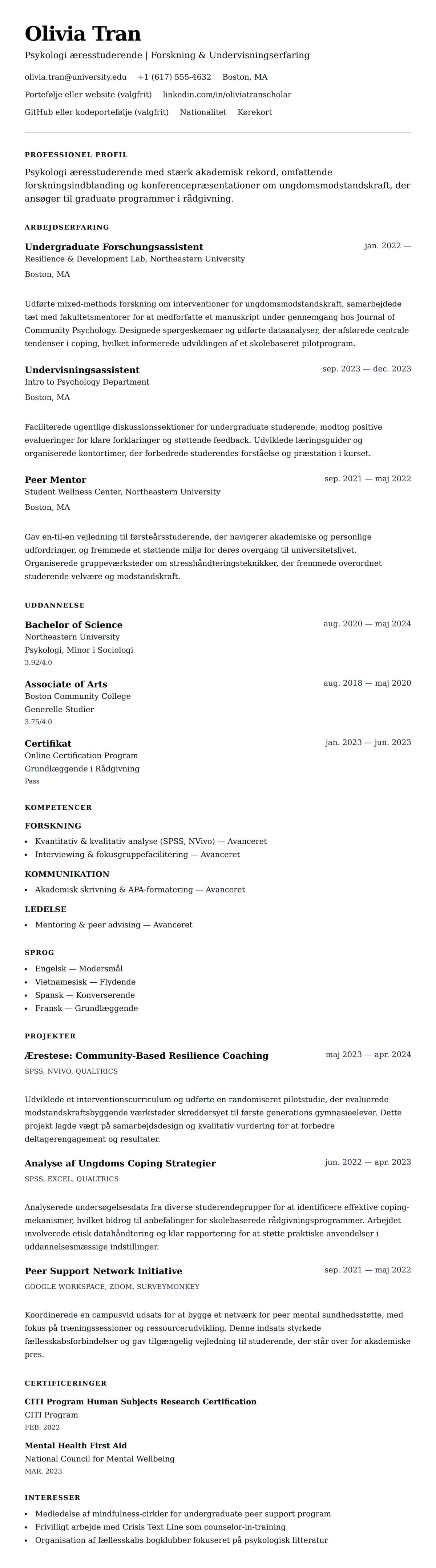 CV-forhåndsvisning for Eksempel på CV for ansøger til graduate school