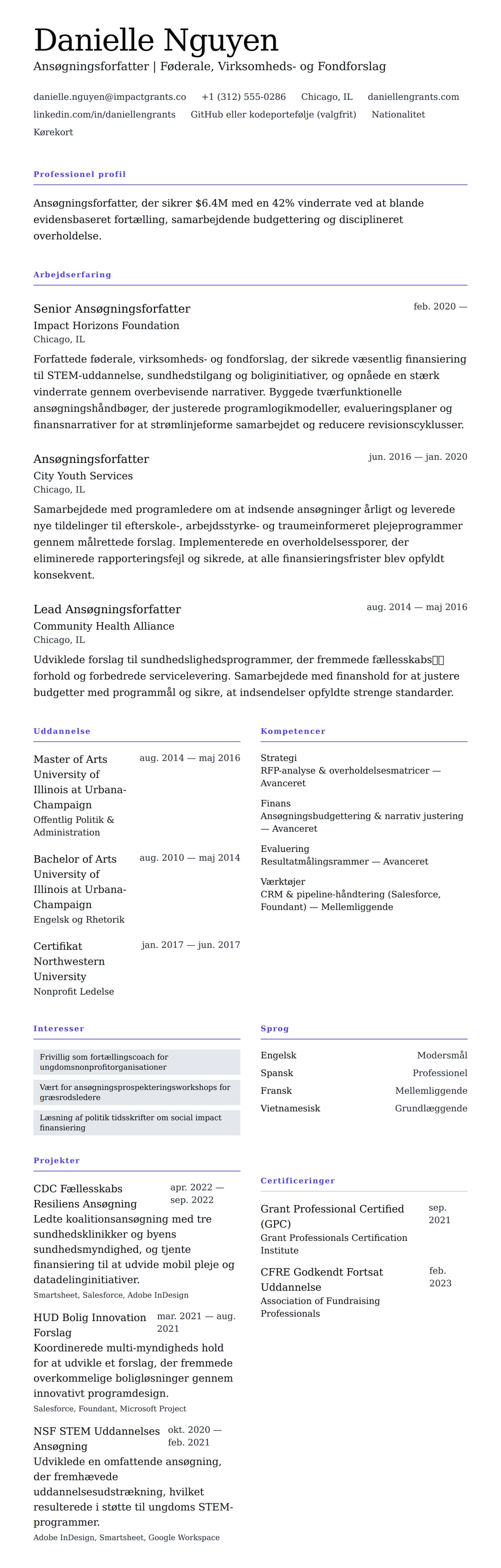 CV-forhåndsvisning for Ansøgningsforfatter CV-eksempel