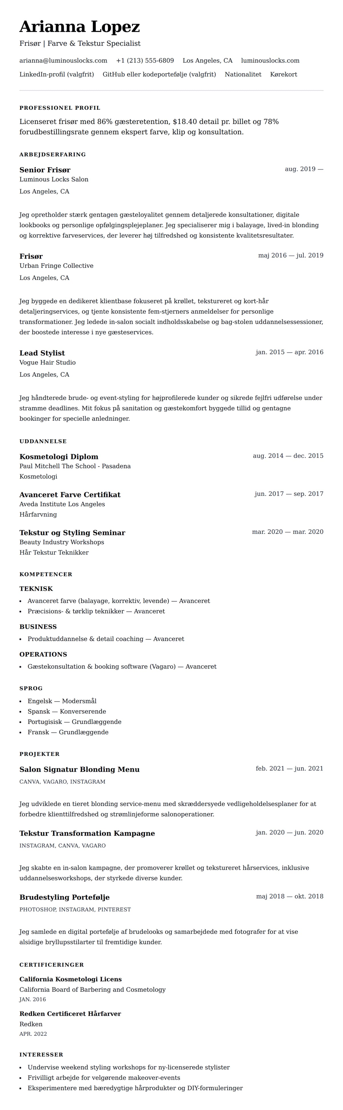 CV-forhåndsvisning for Frisør CV Eksempel