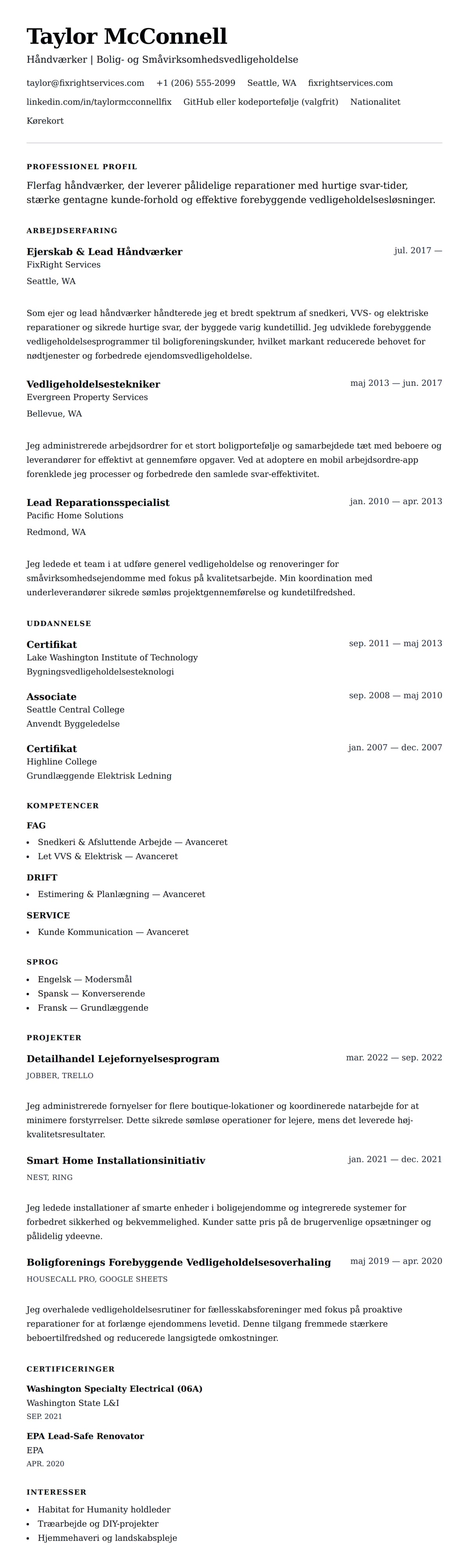 CV-forhåndsvisning for Håndværker CV Eksempel