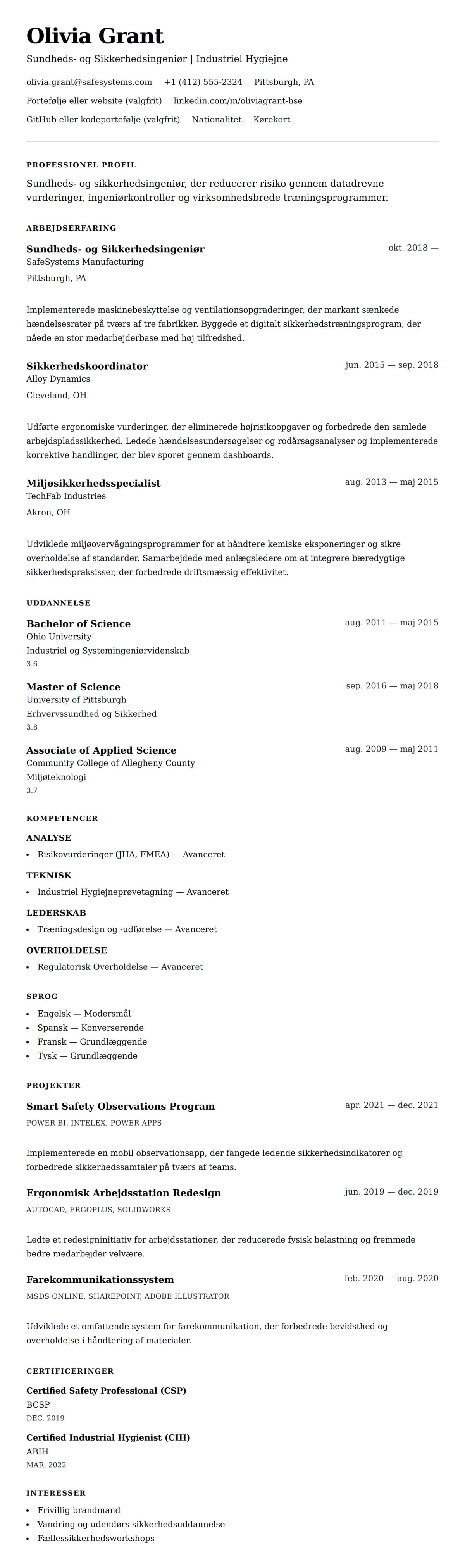CV-forhåndsvisning for Eksempel på CV for Sundheds- og Sikkerhedsingeniør