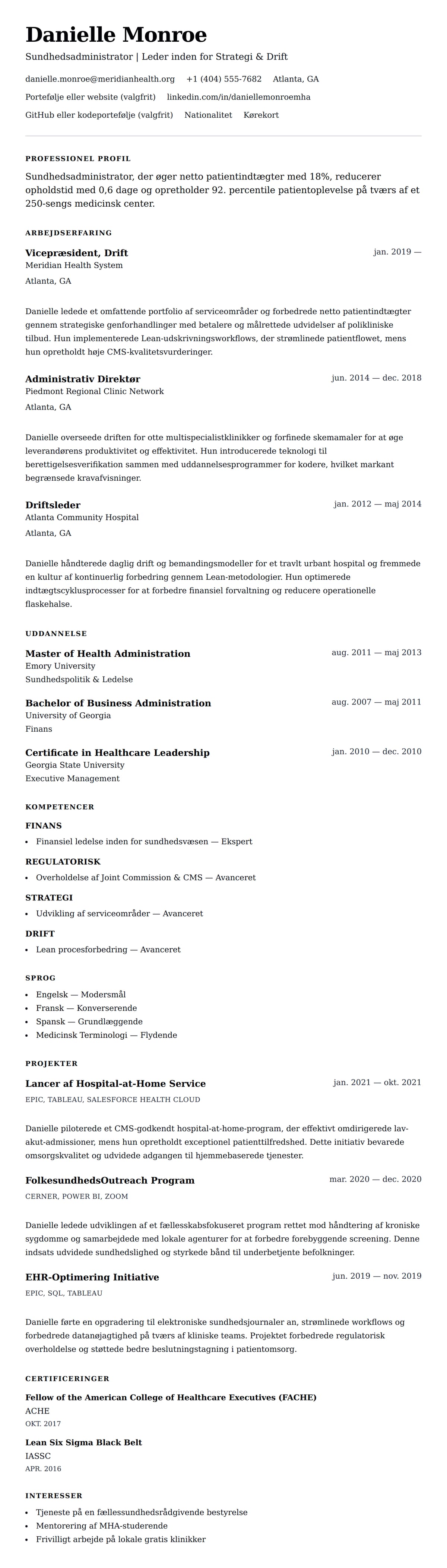 CV-forhåndsvisning for Eksempel på CV for Sundhedsadministration