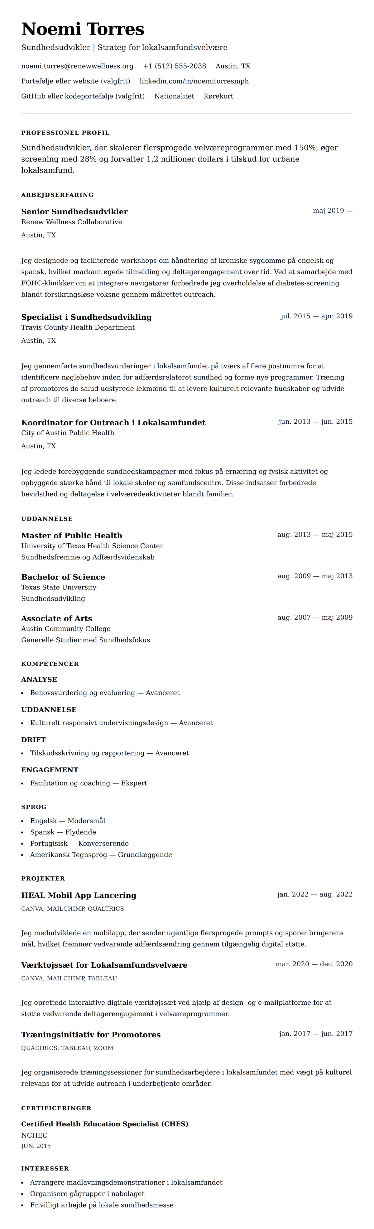 CV-forhåndsvisning for Eksempel på CV for Sundhedsudvikler