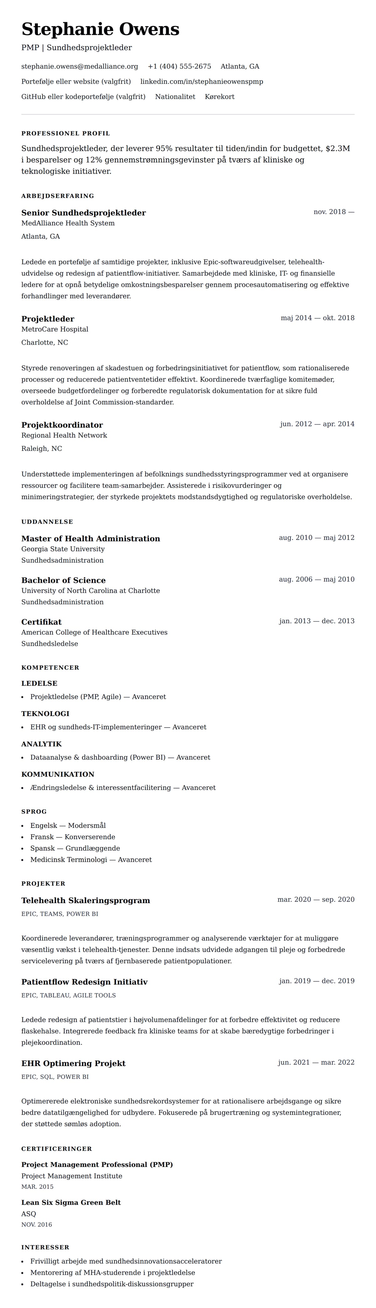 CV-forhåndsvisning for Eksempel på CV for Sundhedsprojektleder
