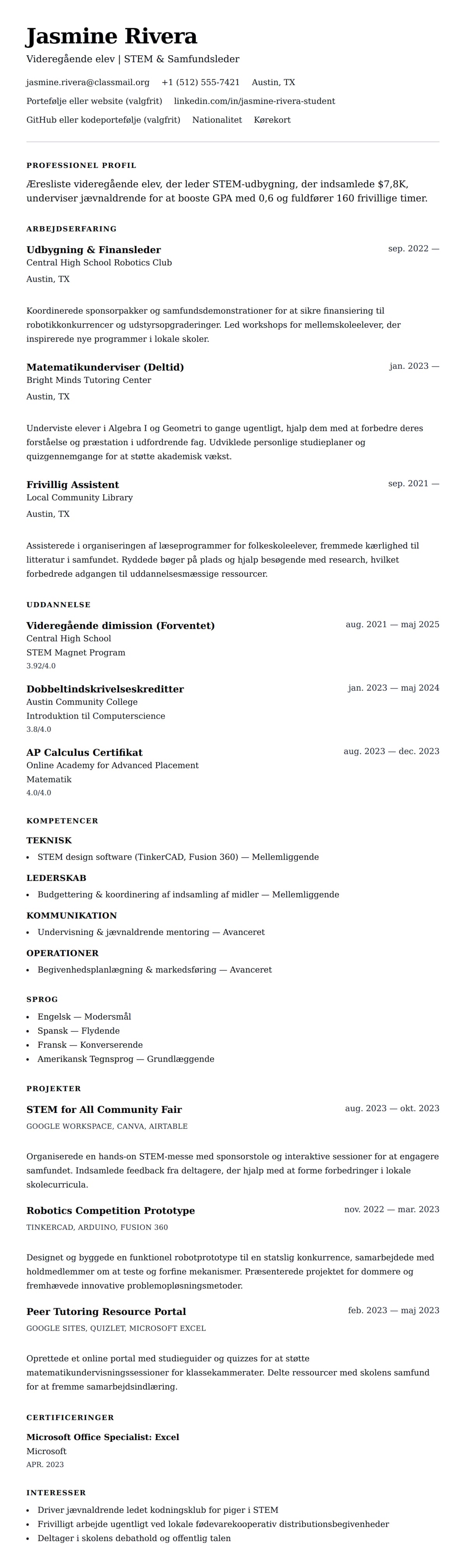 CV-forhåndsvisning for Videregående elev CV-eksempel