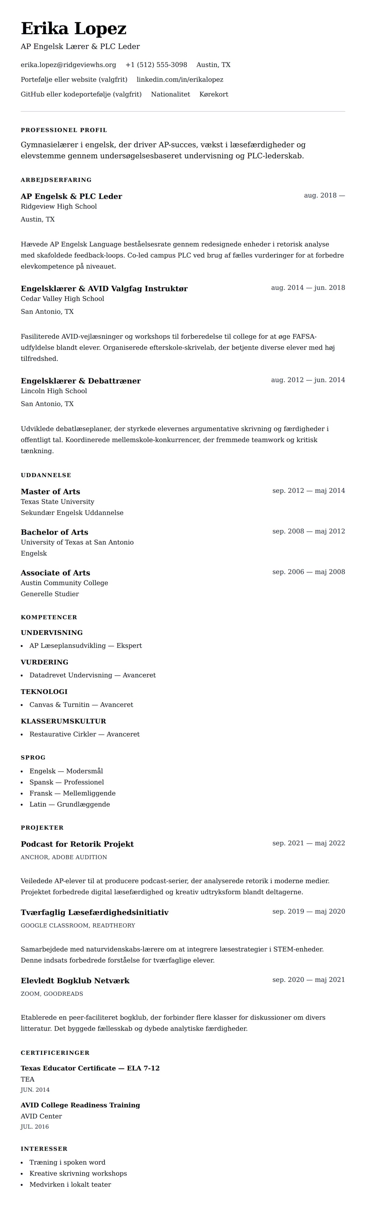 CV-forhåndsvisning for Eksempel på CV for Gymnasielærer