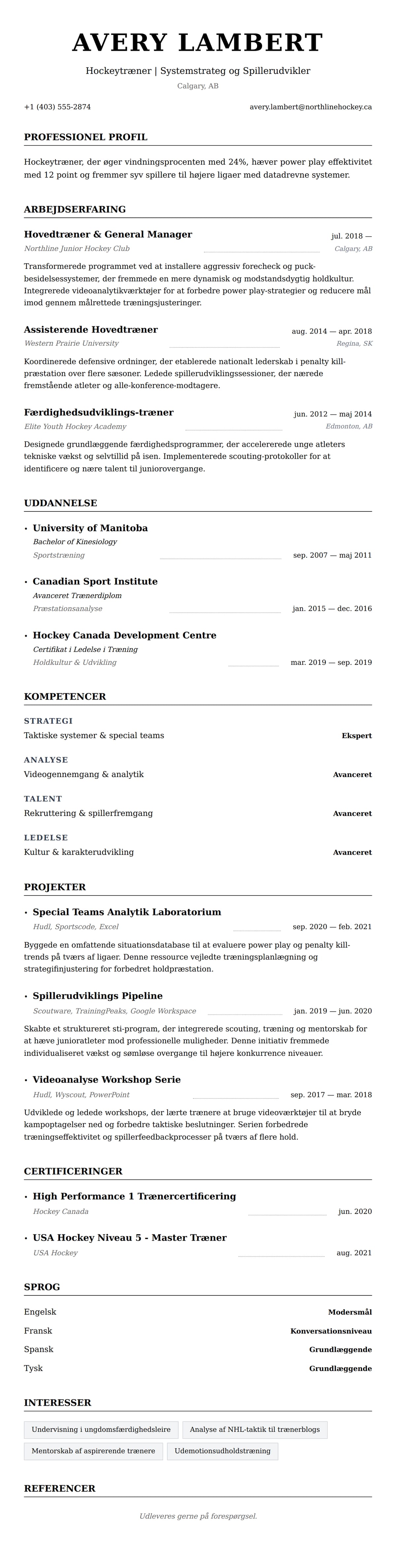 CV-forhåndsvisning for Eksempel på CV for Hockeytræner