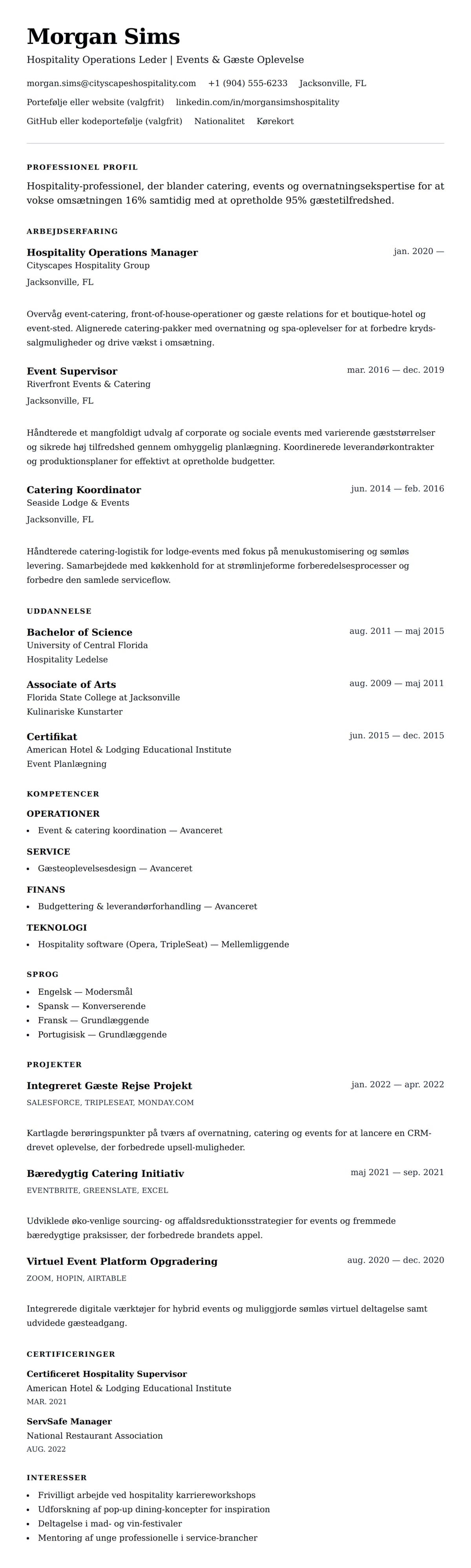 CV-forhåndsvisning for Hospitality og Catering Professionel CV Eksempel
