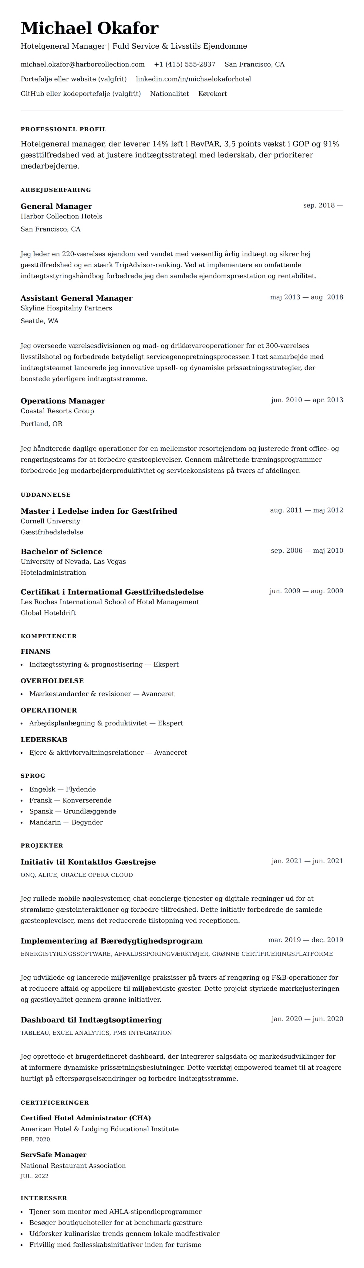 CV-forhåndsvisning for Eksempel på CV for Hotelledelse