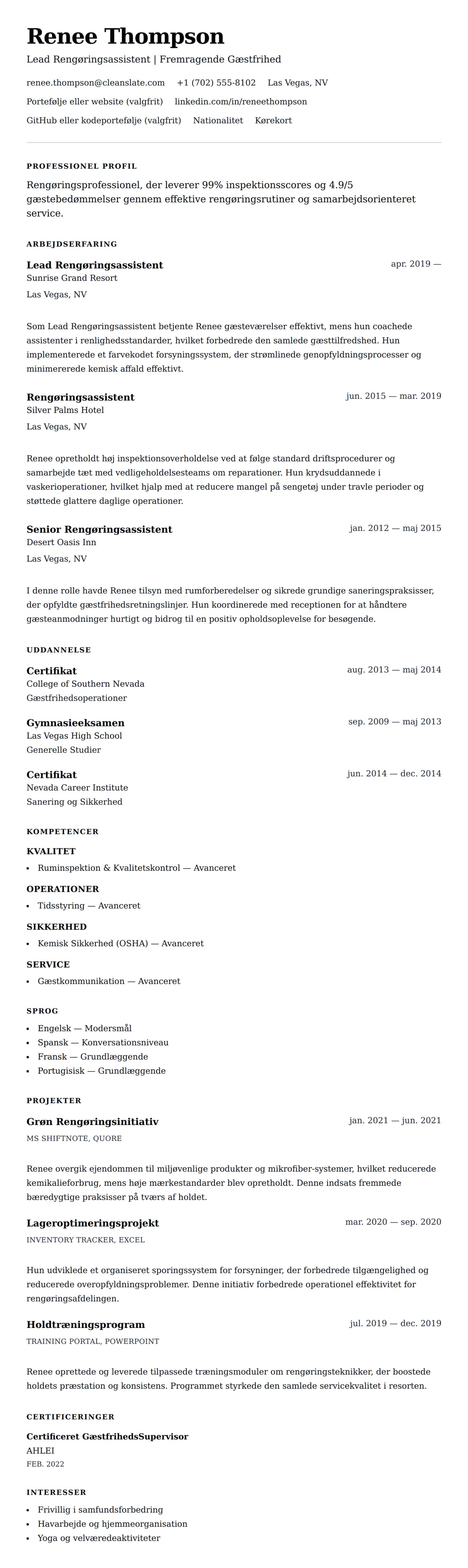 CV-forhåndsvisning for Eksempel på Rengørings-CV