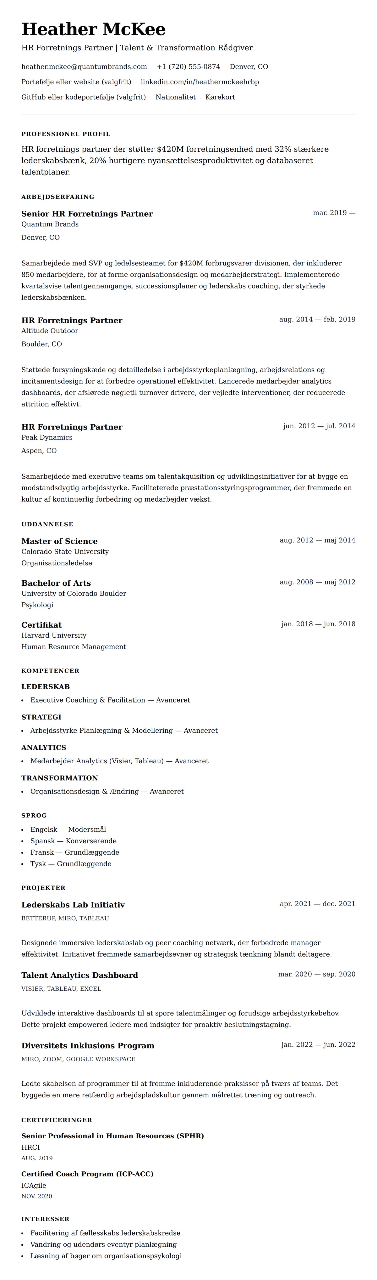 CV-forhåndsvisning for HR Forretnings Partner CV Eksempel