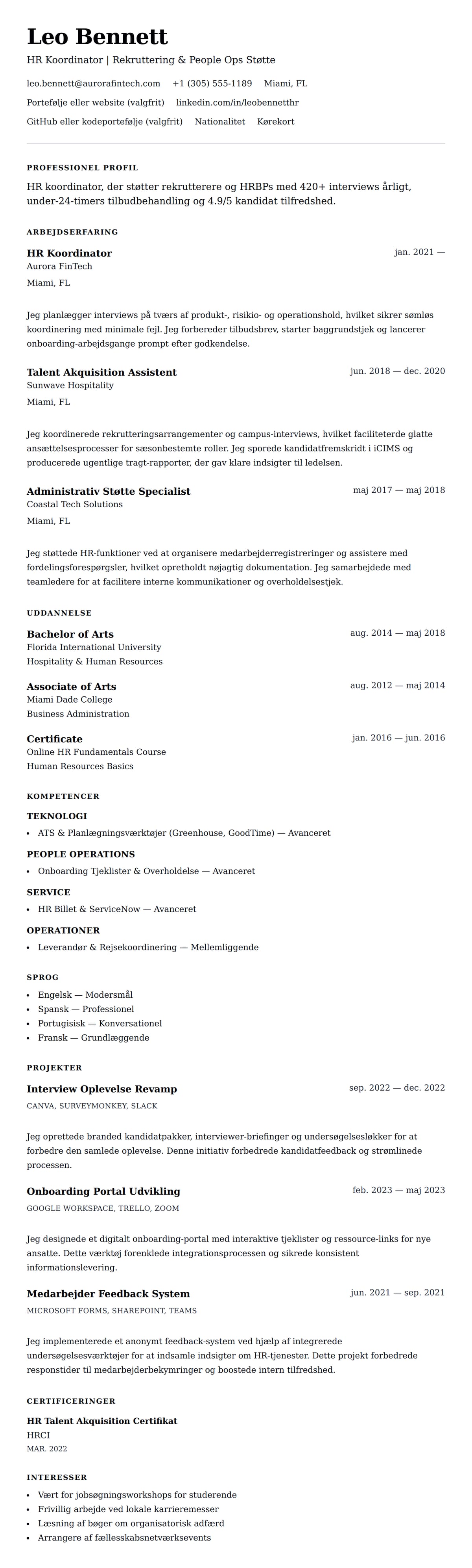 CV-forhåndsvisning for HR Koordinator CV Eksempel