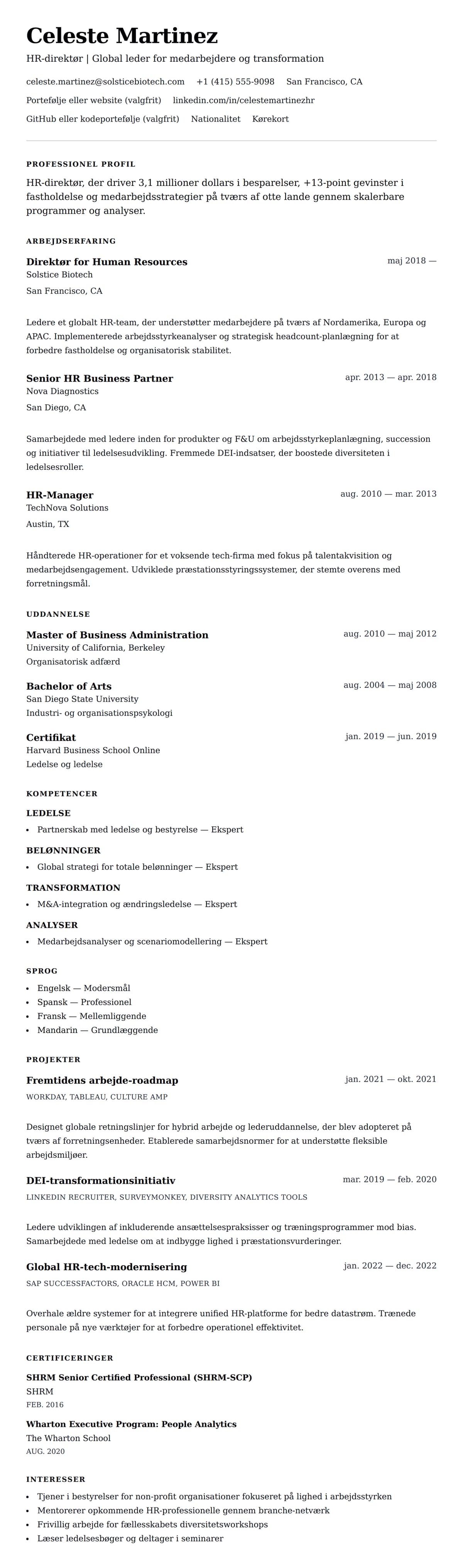 CV-forhåndsvisning for Eksempel på CV for HR-direktør