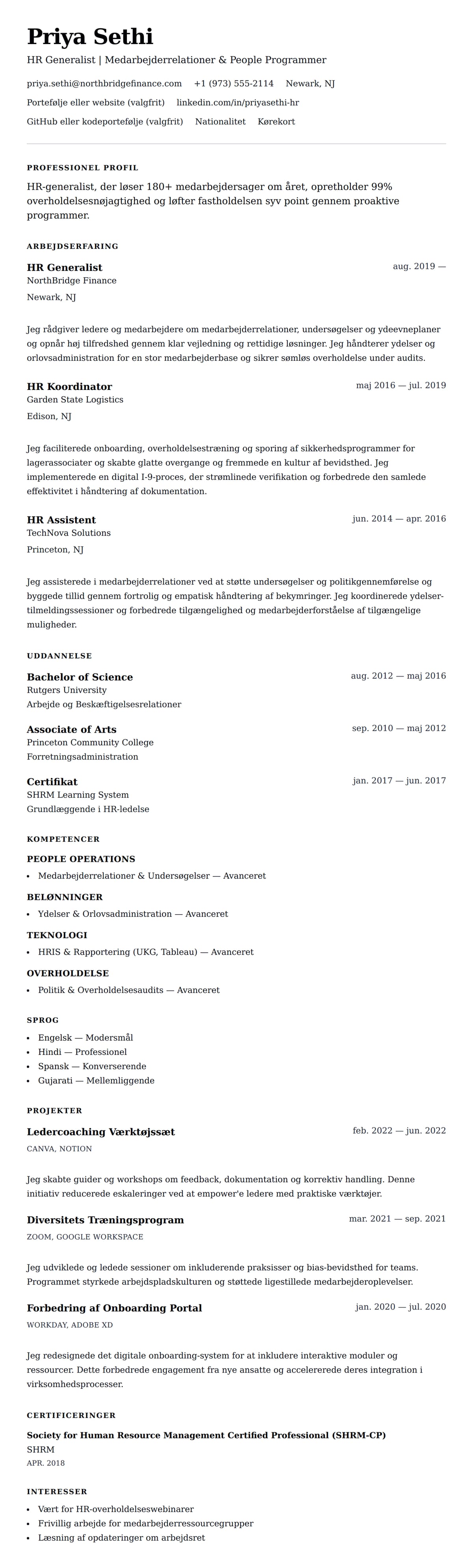 CV-forhåndsvisning for HR Generalist CV Eksempel
