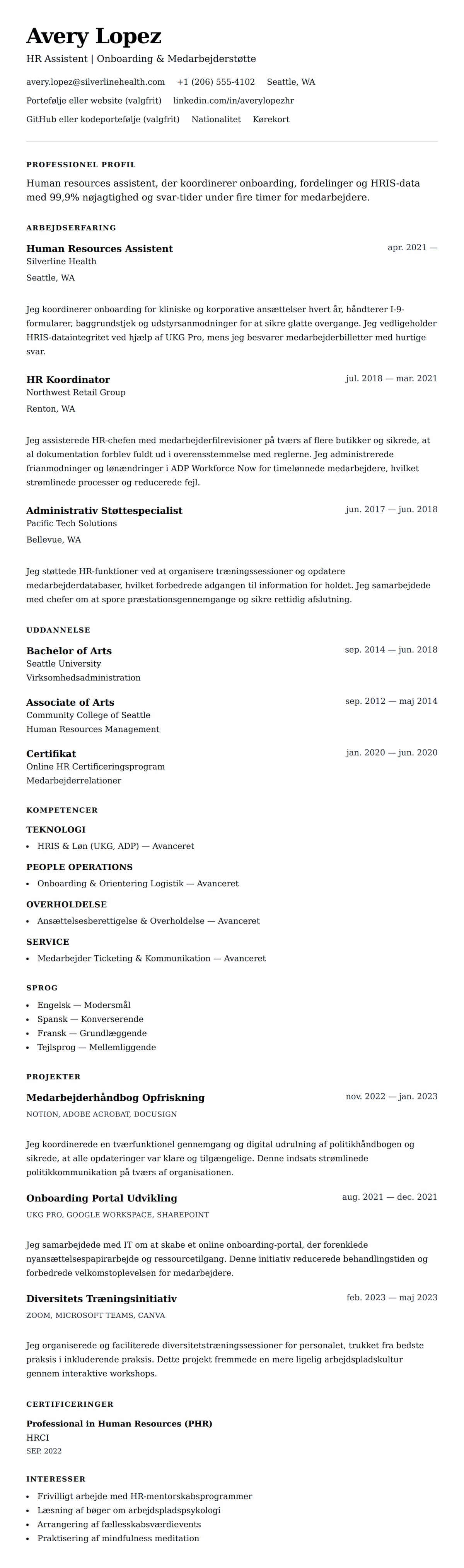 CV-forhåndsvisning for Human Resources Assistent CV Eksempel