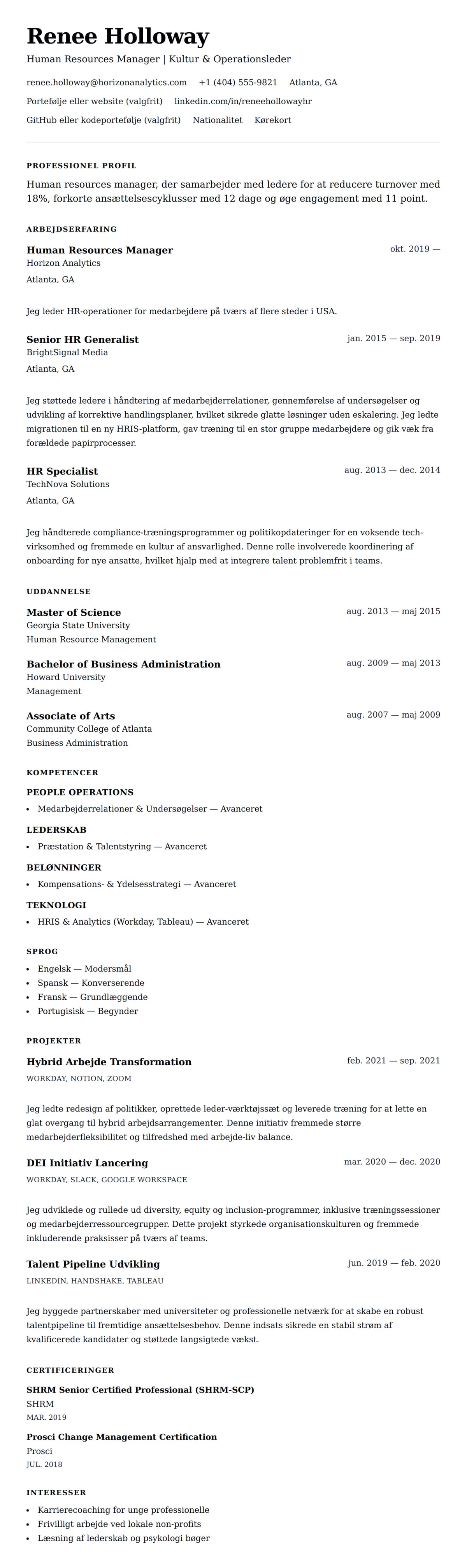 CV-forhåndsvisning for Human Resources Manager CV Eksempel