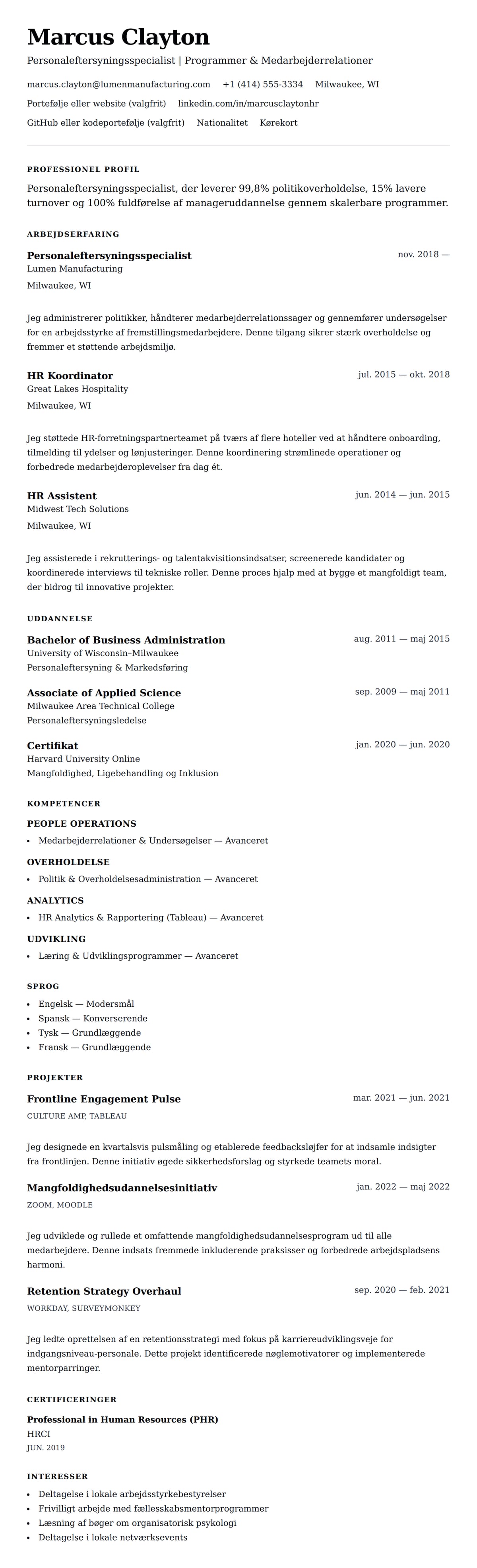 CV-forhåndsvisning for Eksempel på CV for Personaleftersyningsspecialist