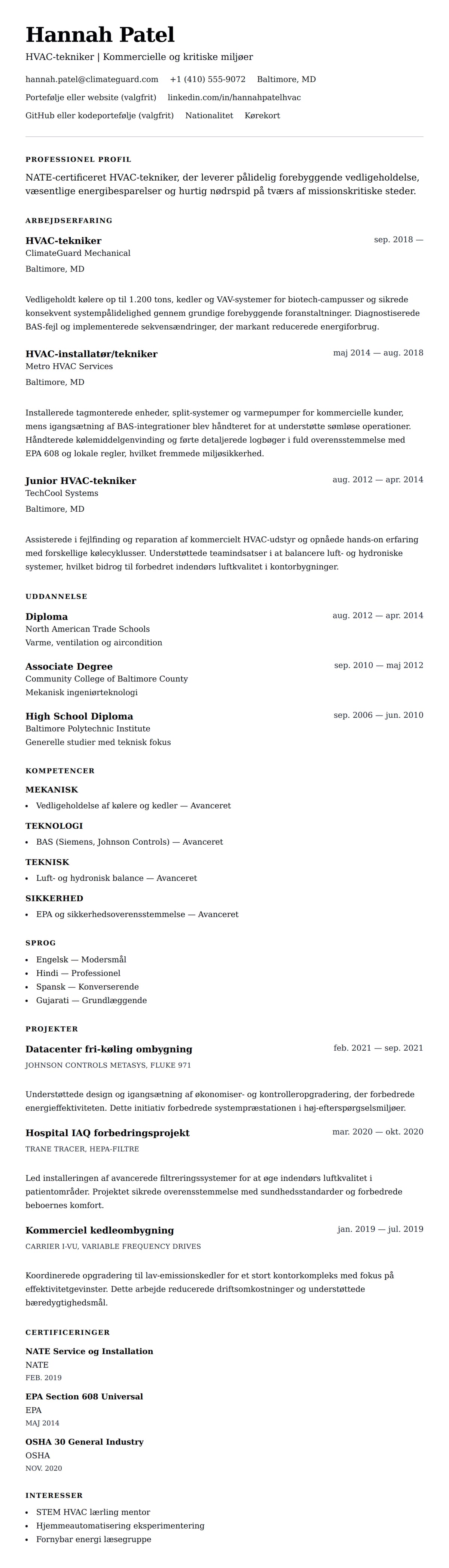 CV-forhåndsvisning for HVAC-tekniker CV-eksempel