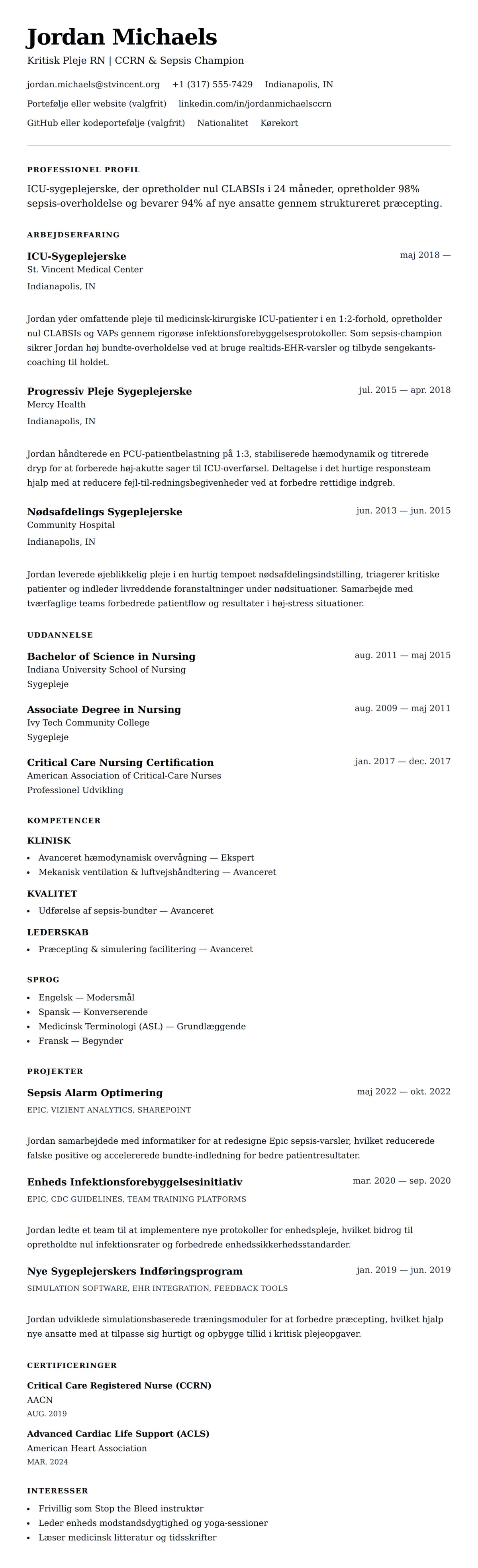 CV-forhåndsvisning for ICU-Sygeplejerske CV-Eksempel