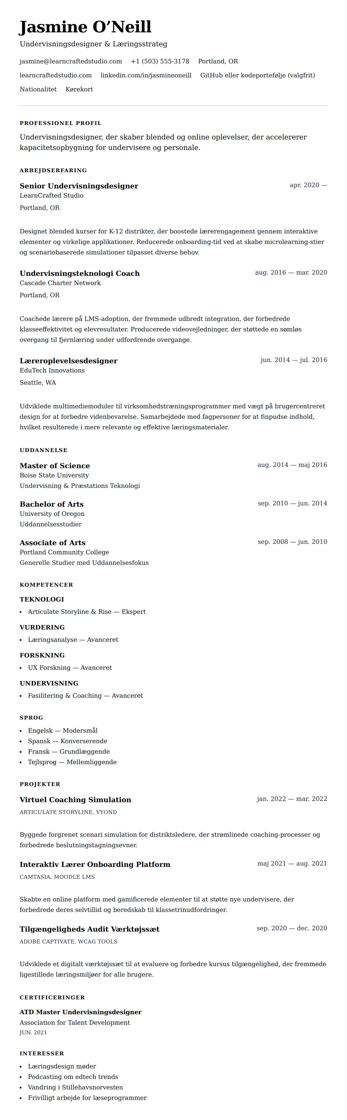 CV-forhåndsvisning for Undervisningsdesigner CV Eksempel