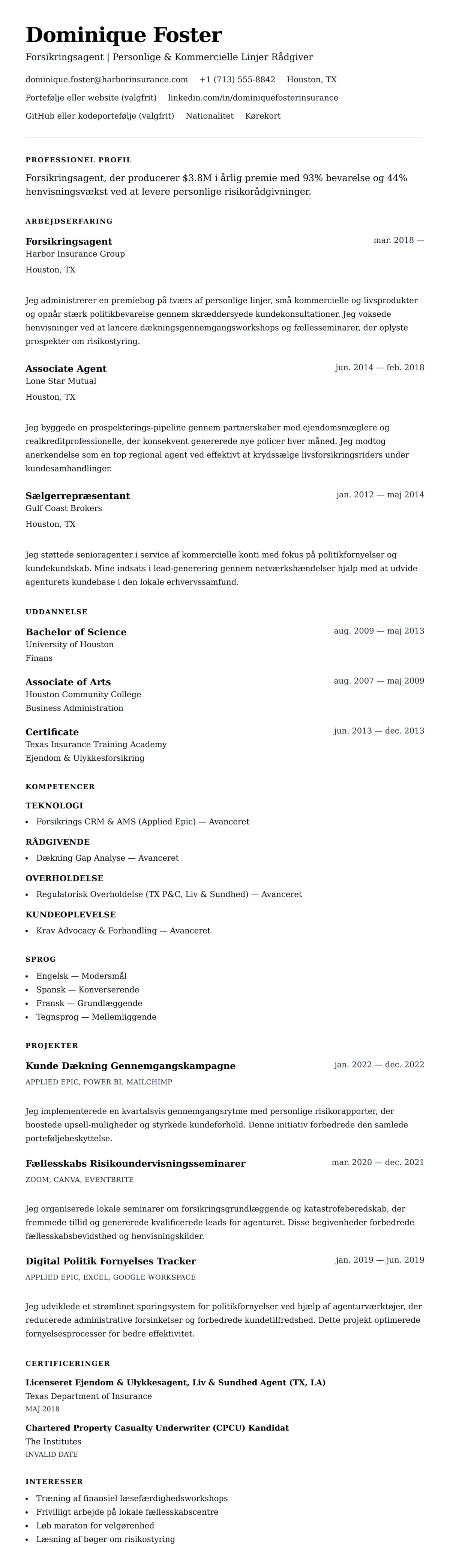 CV-forhåndsvisning for Forsikringsagent CV Eksempel